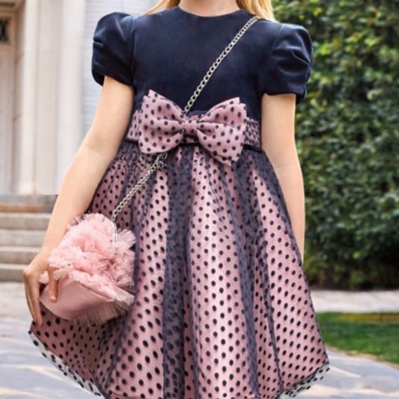 Abel & Lula Other - Abel & Lula Navy Blue and Pink Polka Dot Dress with Bow NWT